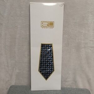 New Steven Land RHM Premier Mens Blue Silver‎ Geometric Silk Tie Made in Italy